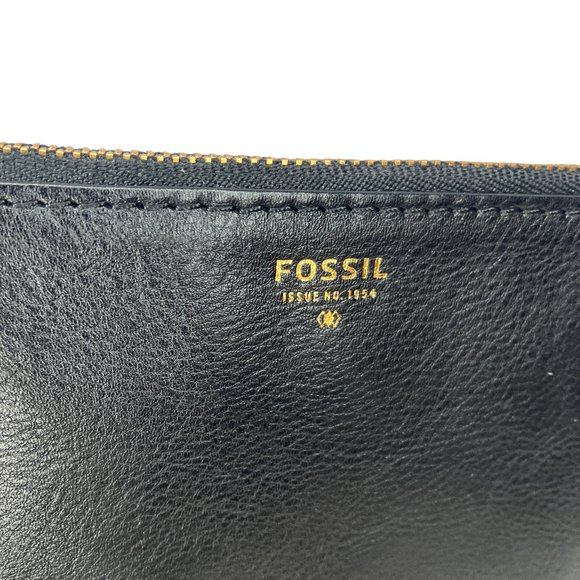 Fossil Black Cow Hide Leather Zip Top Wristlet Strap Wallet Pouch 6.5" X 4.5"‎ - Picture 2 of 6